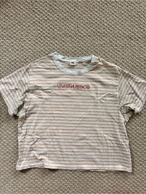 Levi's Yellow and White Striped Tee with Red Logo